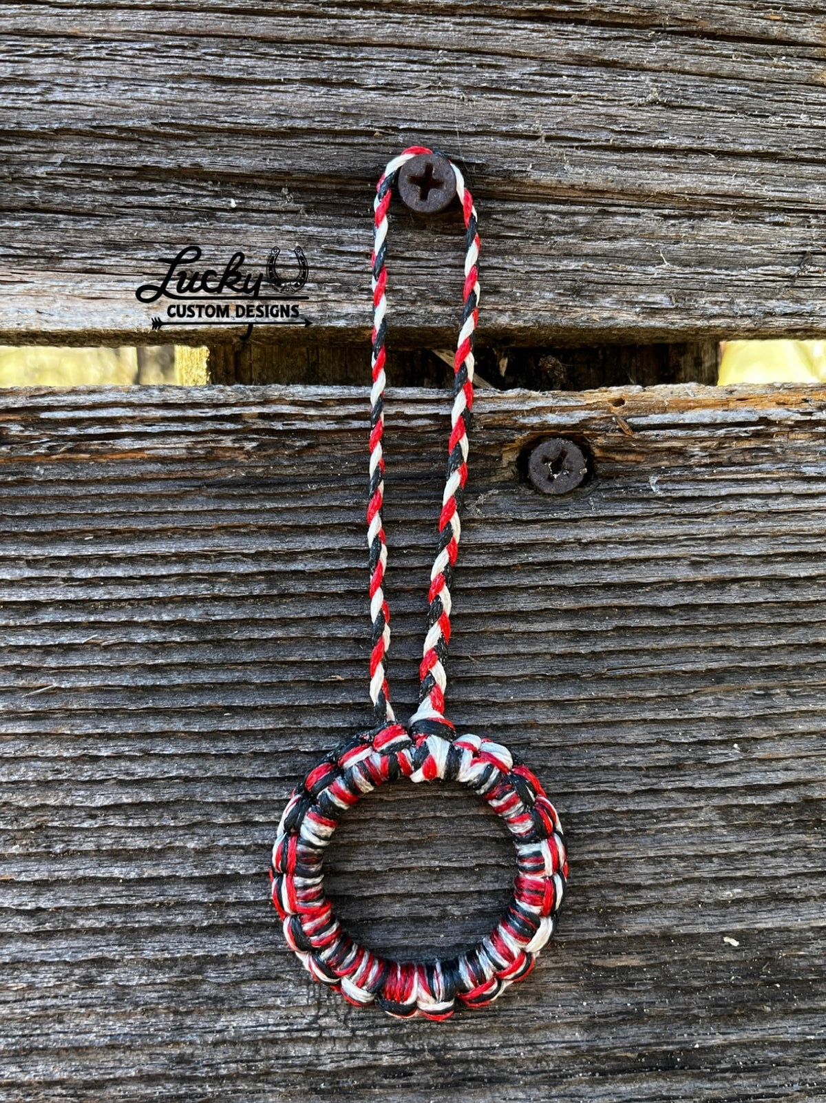 Sinew keychains made with various color combinations.