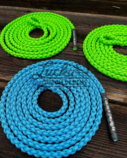 Various lengths of paracord tie ropes with a braided eye.