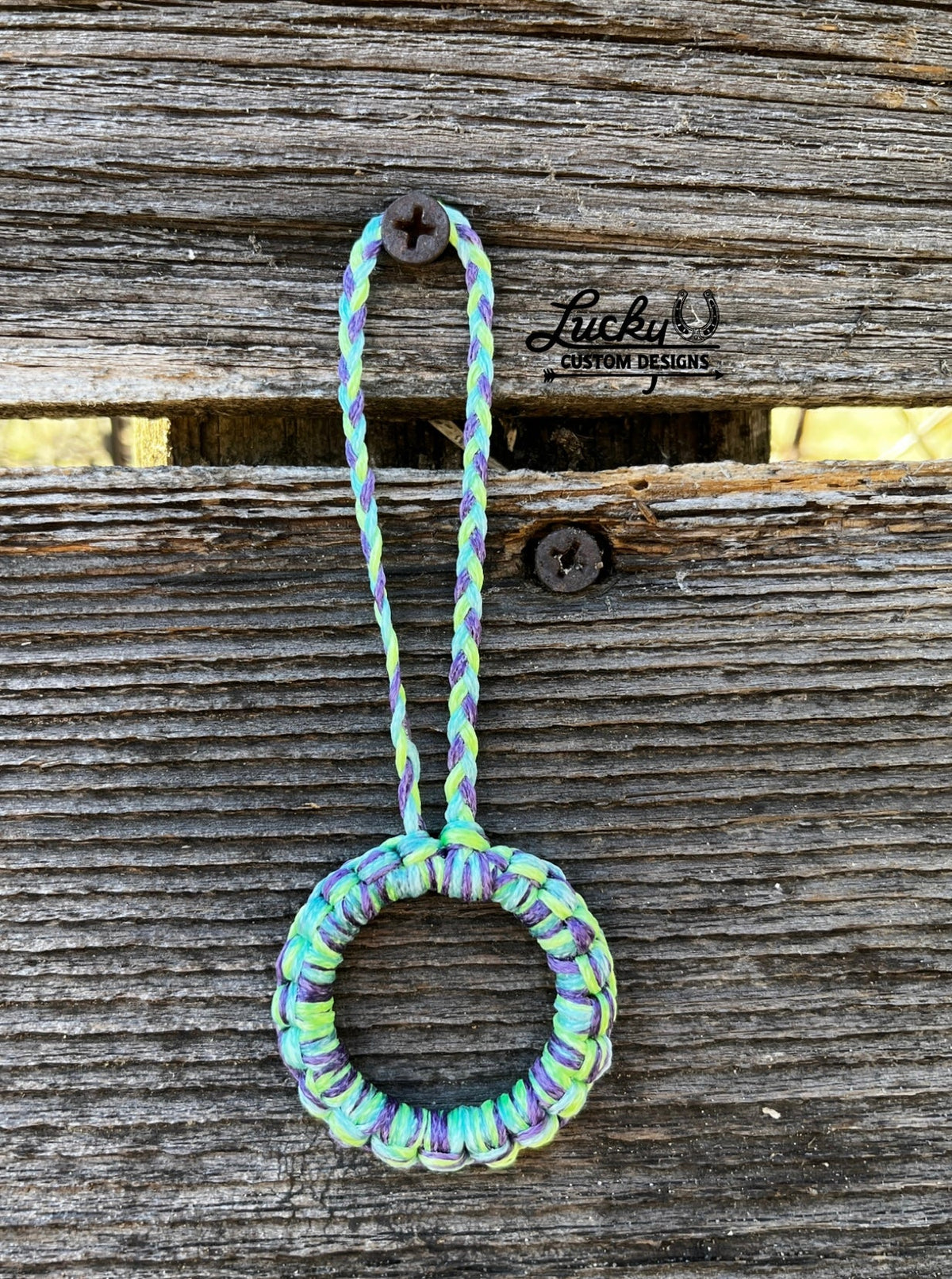 Sinew keychains made with various color combinations.