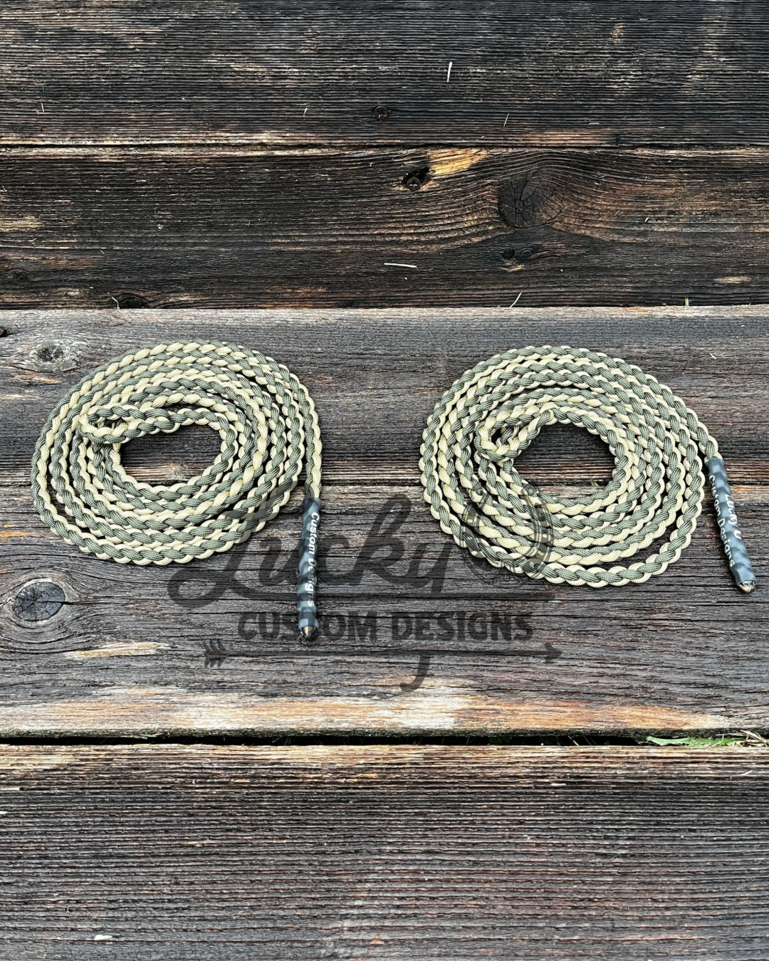 Various lengths of paracord tie ropes with a braided eye.