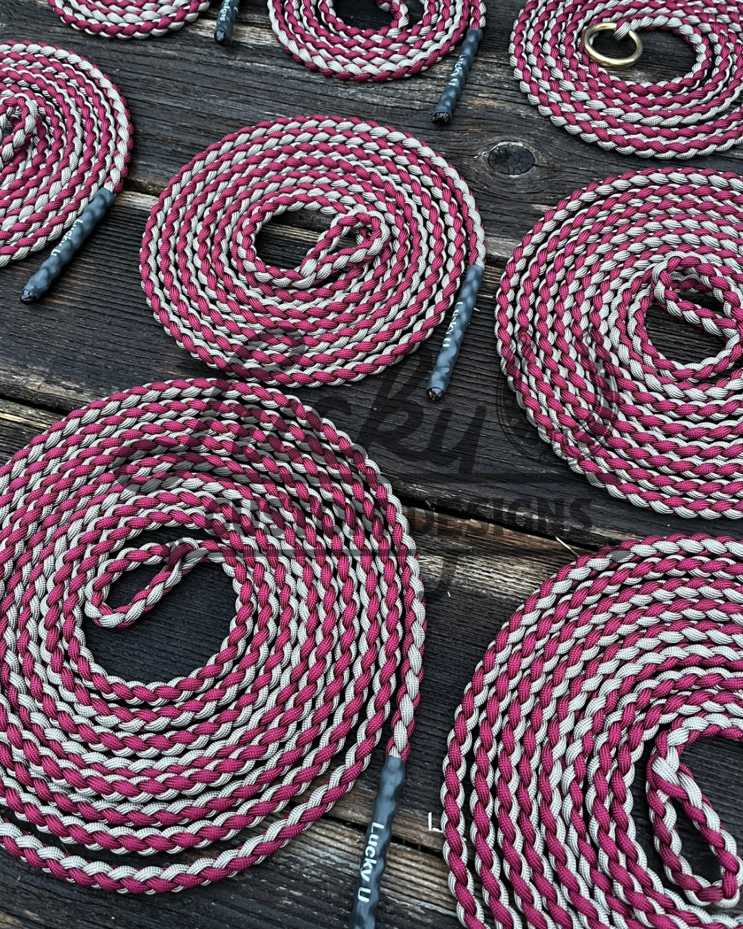 Various lengths of paracord tie ropes with a braided eye.