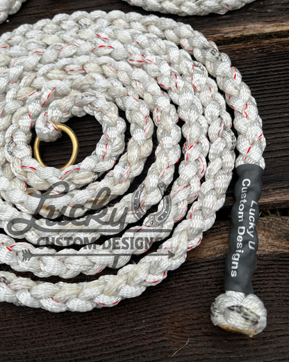 Various lengths of mule tape tie ropes with a 1" solid brass ring

Built with 5/8" mule tape